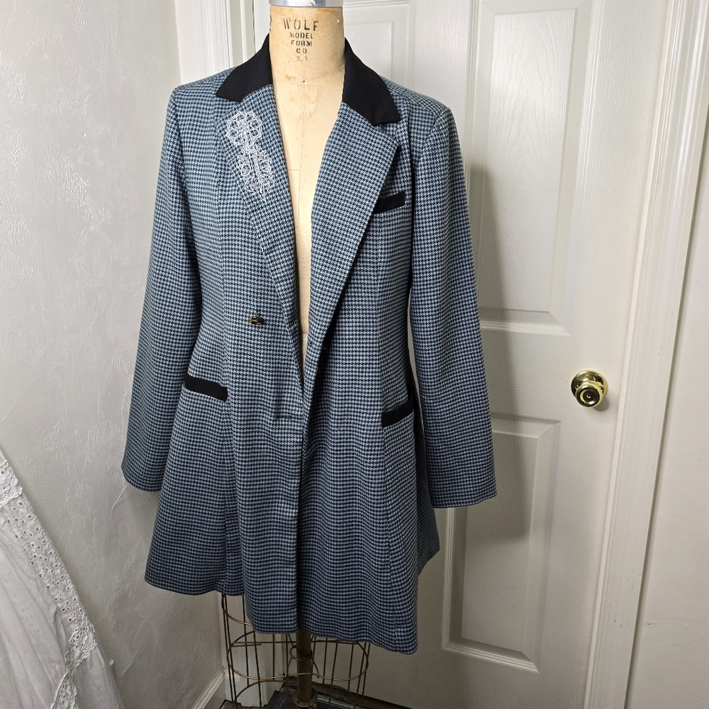Women's Marvel‎ Her Universe Blue Green Houndstooth Embroidered Coat M